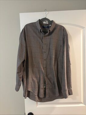 Men’s Gray Plaid Button-Down Shirt with Red Windowpane